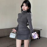 Ins Pure Lust Long-Sleeved Bag Hip Dress POLO Folded Zipper Spring And Autumn Hottie Repair Tie With Short Skirt
