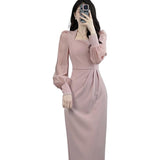2025 Autumn Long Sleeve French Waist Design Sense Of Medium Long Temperament New Square Neck Thin Dress Casual