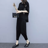 Summer Large-Size Women's Loose Thin Casual Fashion Three-Dimensional Decorative Round-Neck T-Shirt + Black Harlan Pants Two-Piece Set