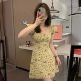 2025 Cherry Grass Yellow Summer Flower Thin High French Style Collar Small Flying Sleeve Temperament Gentle Broken Flower Long Dress