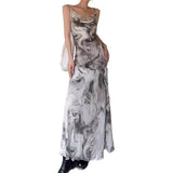 Sexy Ink Painting Dizzling Sling V-Neck Dress Women Summer Retro Style Dew Temperament H-Shaped Long Dress