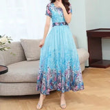 Elegant Style Print U-Neck With Lining High-Waisted Dress Summer Girl Middle-Nummer Mother Temperament A-Dress Dress