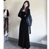 Hepburn-Style Black V-Neck Dress Women's New Korean Atmosphere In The Autumn And Winter 2025 Long Sleeves And Bottom Skirts