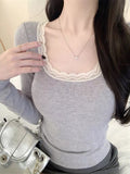 Korean Women Pure-Frelish Pink Long-Sleeved Bottom Shirt Women's Autumn New Lace With Chest Cushions Removable Top