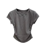 Ins Hot Girls Pure Want To Close Waist Small Flying Sleeve Girl T-Shirt Short-Sleeved Tops New Solid Color Bottom Body-Repair Women's Tide