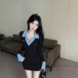 [Sheep Velvet Hair] College Style Knitted Collar Tie Two Dresses Knitted And Hip Skirt Short