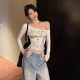 Korean Hottie Collared Shoulder Long-Sleeved T-Shirt Girl Autumn 2025 New Temperament Short Slim Slim Top Tide