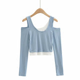 New Fashion Open Shoulder Elastic Slimming Short-Sleeved T-Shirt Two Stacks Of Bumpy Bottom Shirt