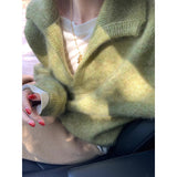 LEKA Old Money Wind Green V Lame Sea Hair Sweater Women Autumn And Winter Lazy High Sense Thick Collar Knitting Top