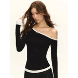 Spice Girls Sexy Out-To-Shoulder Solid Color Splicing Long-Sleeved T-Shirt Girl Spring New Slimy Korean Version Of Fashion Top Tide