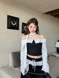 French Sweet Storm Point Tops A Word Shoulder Long-Sleeved Shirt Women's Autumn Chic To Receive Waist-Down Short Shirt