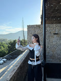 French Sweet Storm Point Tops A Word Shoulder Long-Sleeved Shirt Women's Autumn Chic To Receive Waist-Down Short Shirt