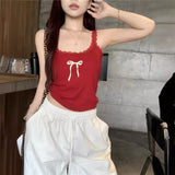 French Sweet Babes Sexy Red Lace Sling Vest Women Summer Bow Print Thin Short Top Tide