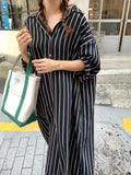 Korean Autumn Languid Wind Simple Collar Bump Color Stripes Design Loose Leisure Long-Sleeved Shirt Dress