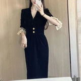 French Hepburn Black Velvet Dress Autumn And Winter High-End Feeling Waist Small Black Dress Light Luxury Small Dress Dress Dress Girl