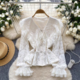 French Name Lace Splicing Doll Collar Horn Lace Lace Truss Lace Truss Truss Tucked Single Buckle Thin Sleeve Shirt