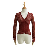Sexy Micro-Permeable Hollow Cross V Collar Long-Sleeved Lace Jersey Girl Slimming Temperament Bottom Shirt T-Shirt Shirt