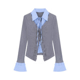 Wood Ear Lattice Splicing With Long-Sleeved Top Woman 2026 Spring And Autumn New Fake Two Pure Want Thin Niche Girls