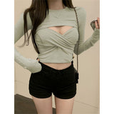 Pure Windy Sexy Low-Sleeved T-Shirt Women Autumn New Design Tight Thin Short Top Tide