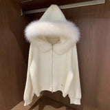 KN Hooded Removable Large Collar Knitted Jersey 2026 Autumn And Winter New Design Women's Soft-Creinable Sweater Jacket