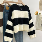 Short Knitted Striped Hooded Sweater 2025 Autumn Coat Women New Retro Loose Outer Wear Lazi Knitted Shirt