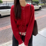 KANING Korean Sweet Fake Two Lace Side Knitted Cardigan Women 2026 Autumn New Waist Reduction Age Sweater