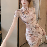Hottie Style New Chinese Style Open Fork Cheongsam Print Baggy Short Dress Buckle Wrinkles Dress Women Summer