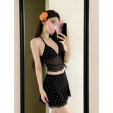 Korean Style Retro Wave Dot Mesh Yarn Split Hottie Sling High Waist Apparent Thin Skirt Pure Want Vacation Leisure Suit Female Tide