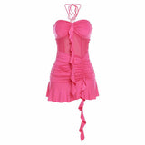 Spice Girls Mesh Splicing Hanging Neck-Smear Dress Women's New Spring Tight Design Feeling Inside The Ass Short Skirt