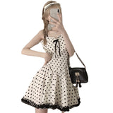 Sweetheart Girl Wave Point Sling Skirt Summer New Bow Wood Ear To Thin Splicing Lace Dress