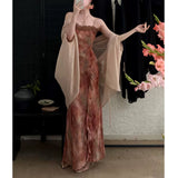 Vintage Dizzling Ink Lace Side Sling Skirt Shawl Set New Lightly Fashionable French Dress Summer