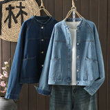 Real Shooting Large-Size Thin Age-Lose Loose-Collared Cowboy Coat Woman