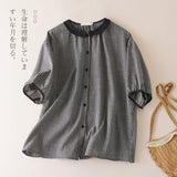 Non-Real-Sleeved Cotton Plaid Short-Sleeved Shirt Women's Summer Senshi Literary And Art Doll Collar Age Reduction Loose Shirt