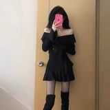 Spring And Autumn New Small Black Dress Lotus Leaf Edge V Collar Horn Sleeve Hottie Dress Pure Temperament