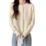 KANING Gentle Temperament Round Collar Knitted Cardigan Women 2026 Autumn New Korean Wearing A Short Sweater