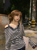Korean Striped Fake Two-Word Shoulder Long-Sleeved T-Shirt Women's Spring And Autumn Lazy Sweet Hottie Top Loose Thin
