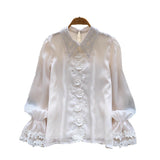 French Design Sense Of A Small Chic Top Female Heavy Industry Nail Lace Splicing Bead Mesh Yarn Shirt Female Gentle Wind
