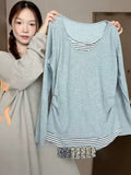 Snowflake Cotton Korean White Striped Fake Two Casual Long-Sleeved T-Shirts Folded V-Necked Women