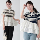 New Summer Cotton Striped Short-Sleeved Splicing Lotus Side Coat Fashion High-End Breathable Top