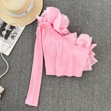 Vintage Temperament Personality Three-Dimensional Flower Collar Unilateral Shoulder Long-Sleeved T-Shirt Women's Short-Term Navel Blouse