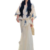 New Chinese Long-Sleeved Linen Shirt Top Women's Summer Thin Loose Lazy Wind V-Neck Shirt Skirt Suit