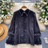 French Design Sense Of A Small Chic Top Female Heavy Industry Nail Lace Splicing Bead Mesh Yarn Shirt Female Gentle Wind