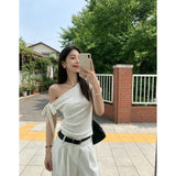 [Original Barbie Bamboo Day Cotton] White Oblique Shoulder T-Shirt Girl Xia Pure Want To Show Thin Hot Girl On The Short Sleeves