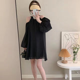 Hang Neck Chic Design Small Long-Sleeved Dress Women's Clothing Leaking Shoulder Thin Small Short Skirt Shoulder Strap