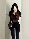 Pure Collar Folded Horn Sleeve Short T-Shirt Girl Slim Thin Hottie Sexy Long-Sleeved Knitting Blouse Ins