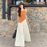 French Casual Suit Summer Pure Sleeveless Irregular Repair T-Shirt Girl + High-Rise Wide Leg Pants Two Sets