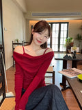Pure Wind Red Fake Two-Piece Open Shoulder Splicing Long-Sleeved Knitted Shirt Women Autumn Wood Ear Design Feel Bottom Top