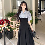 Large-Size College Wind And Fake Two Pieces Of Splicing Dress Women's Summer Fat Mm New Waist Display Thin Word Long Skirt