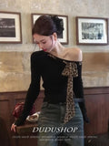 Vintage Pure Babes Leopard-Print Bow Tie With T-Shirt Women's Early Autumn Design Embstaple Shoulder Coat