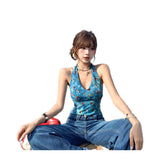 Vintage Hottie Sexy Broken Flower Hanging Neck Vest Women's Summer New Slim Slim Short Blouse